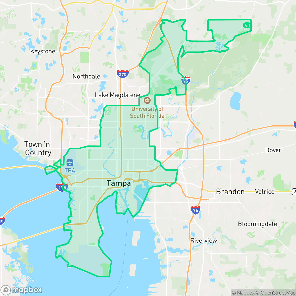 Map showing the location of Tampa, FL — coverage area