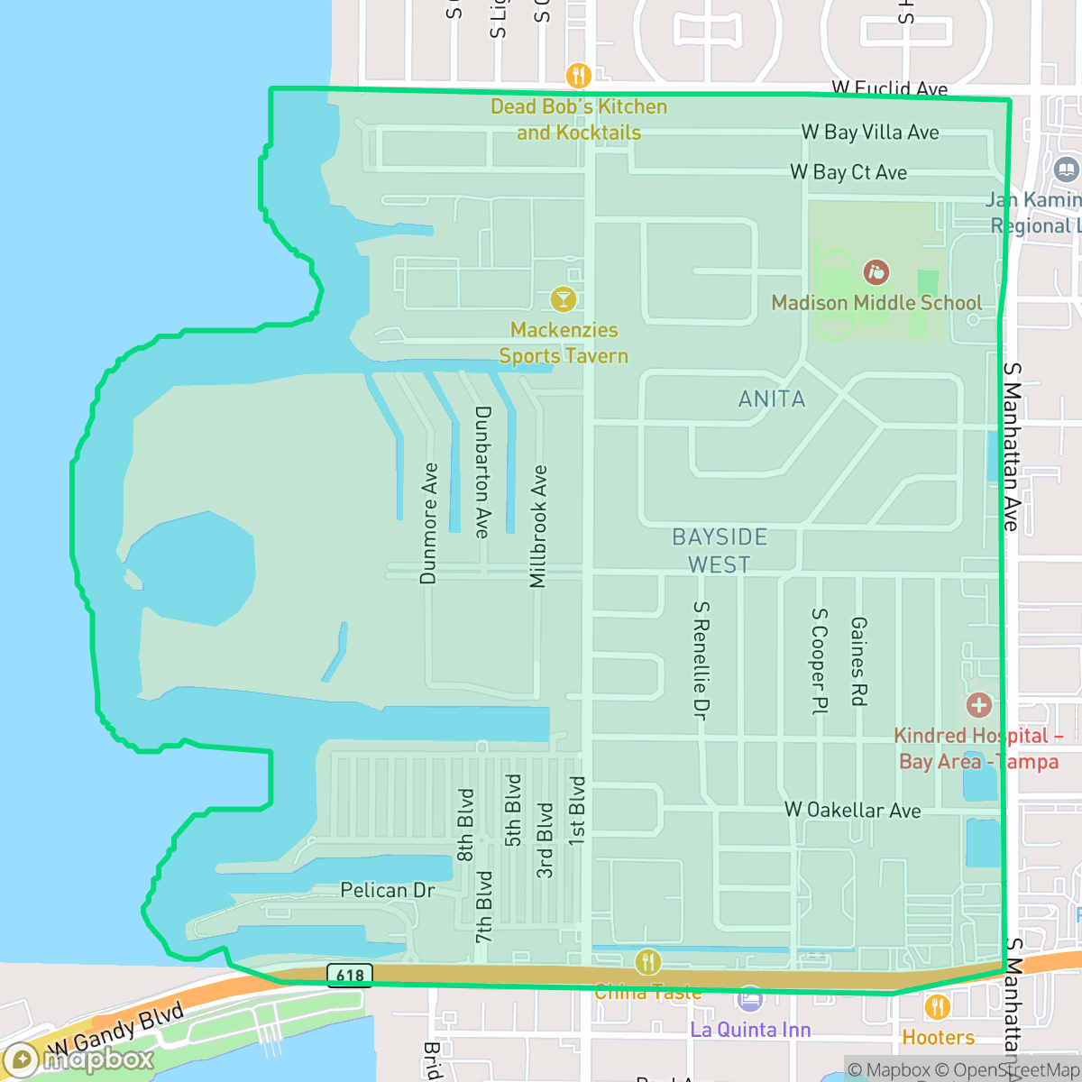 Map showing the location of Bayside West, Tampa, FL