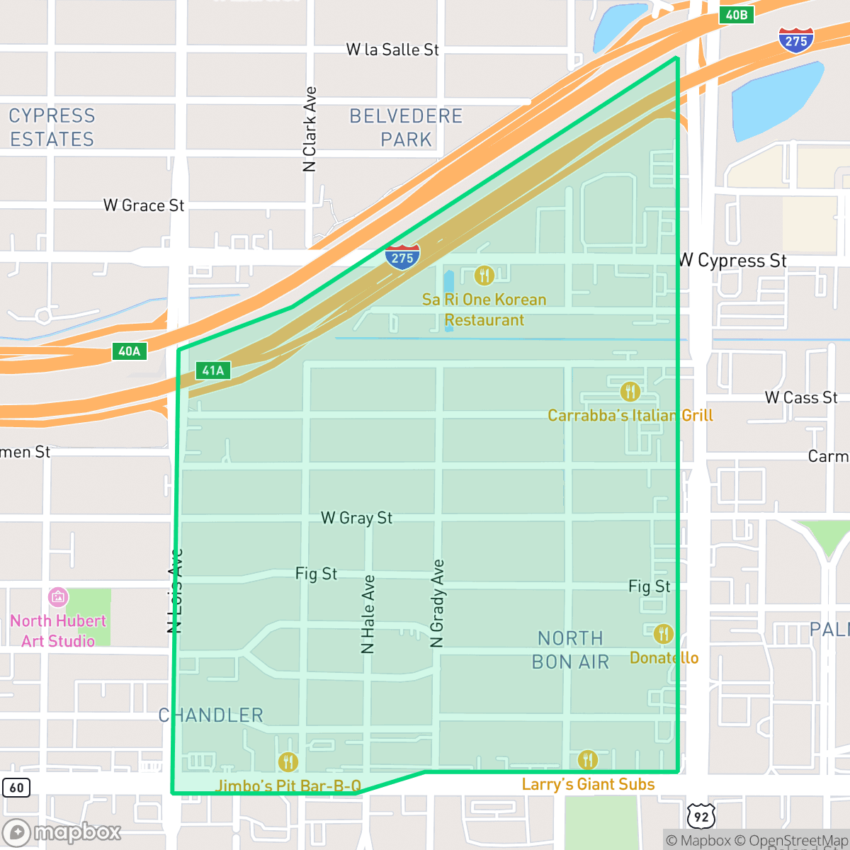 Map showing the location of Bon Air North, Tampa, FL