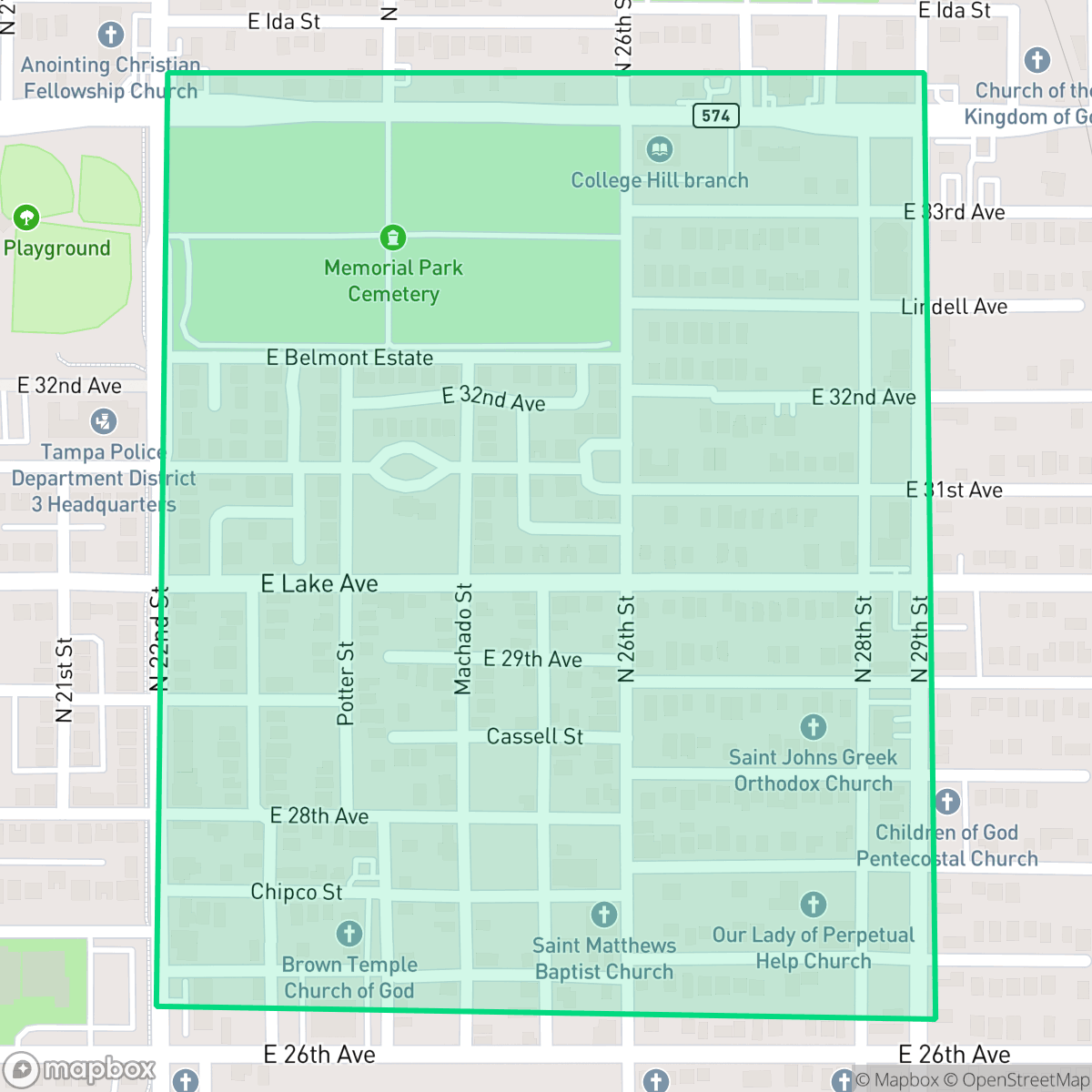 Map showing the location of College Hill, Tampa, FL