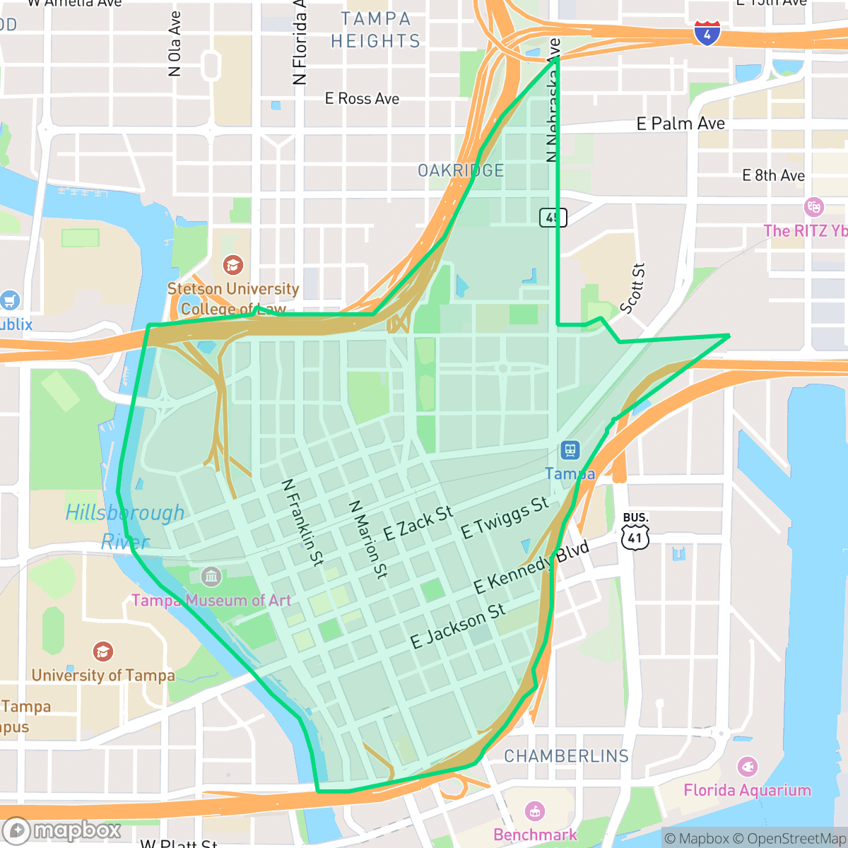 Map showing the location of Downtown, Tampa, FL
