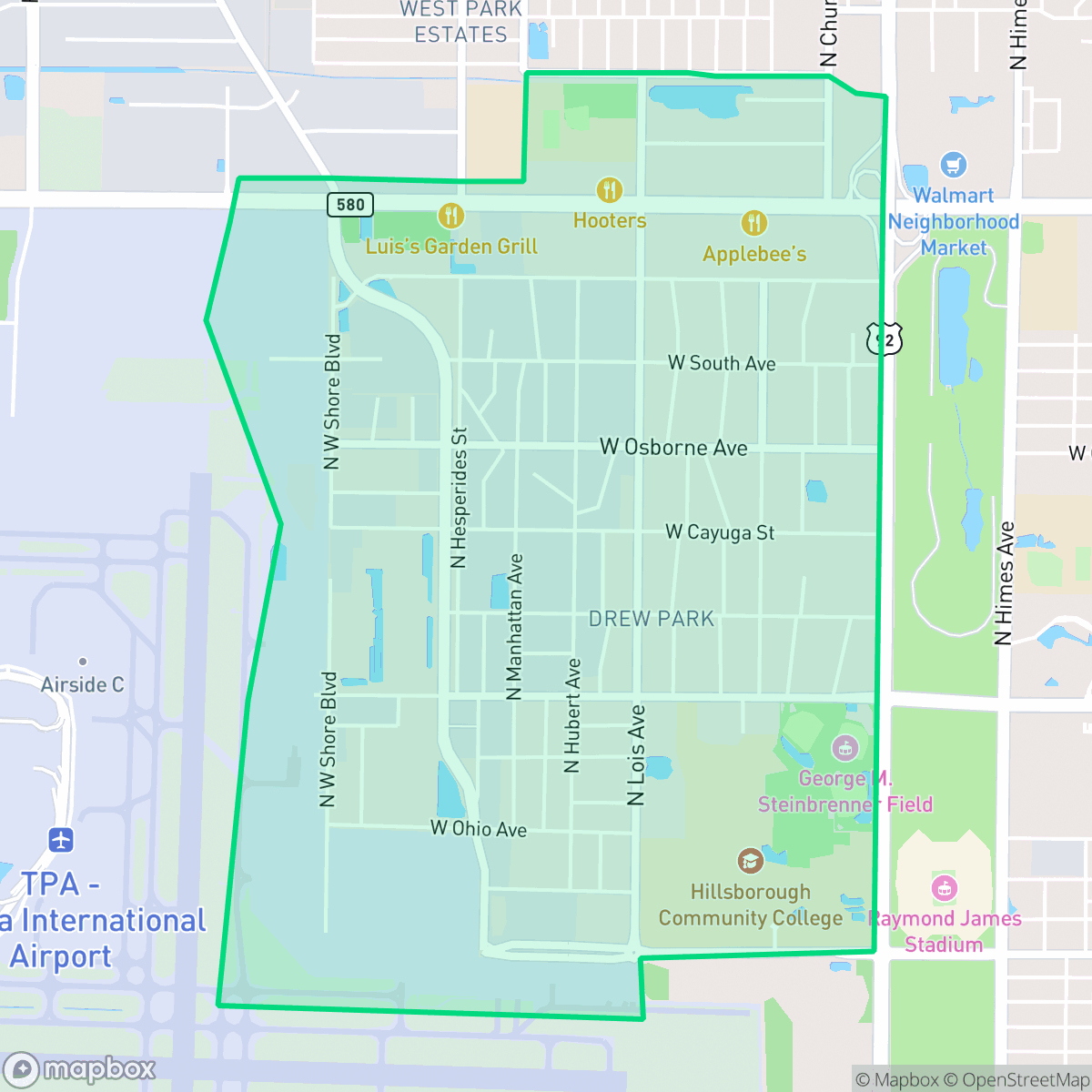 Map showing the location of Drew Park, Tampa, FL