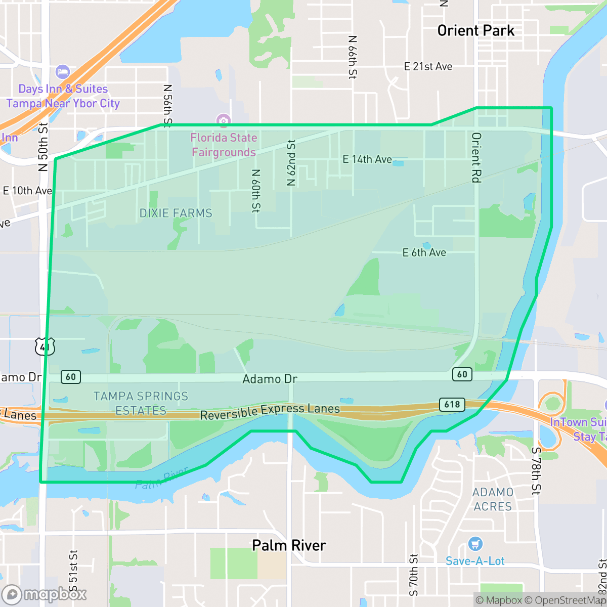 Map showing the location of East Side Commercial Area, Tampa, FL