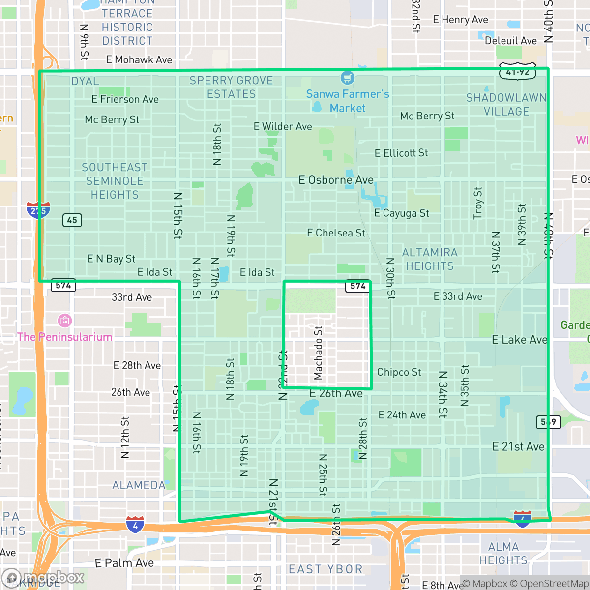 Map showing the location of East Tampa, Tampa, FL