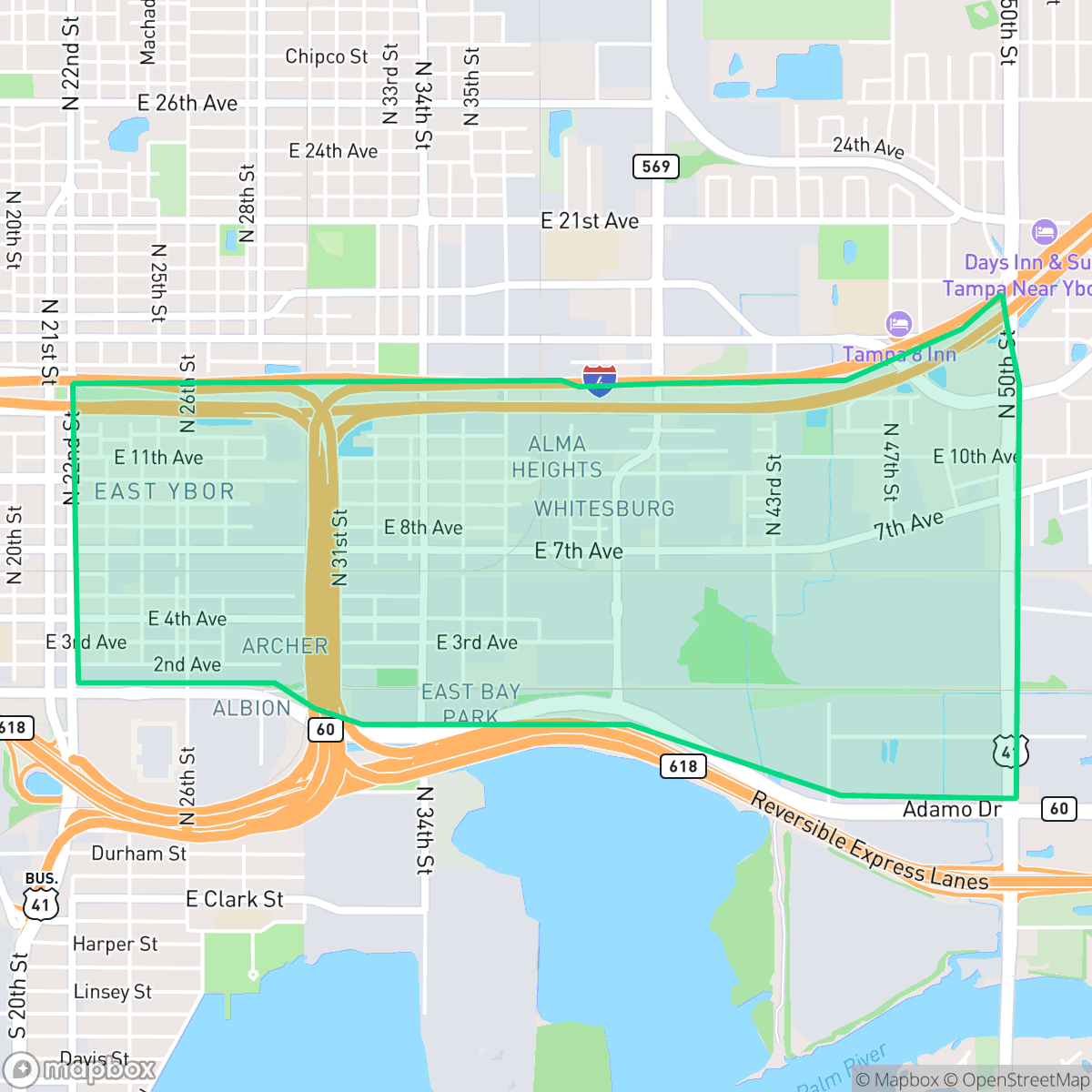 Map showing the location of East Ybor, Tampa, FL