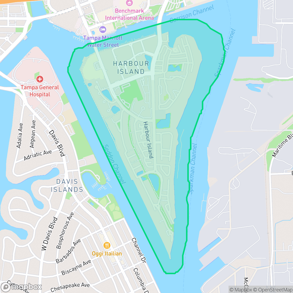 Map showing the location of Harbour Island, Tampa, FL