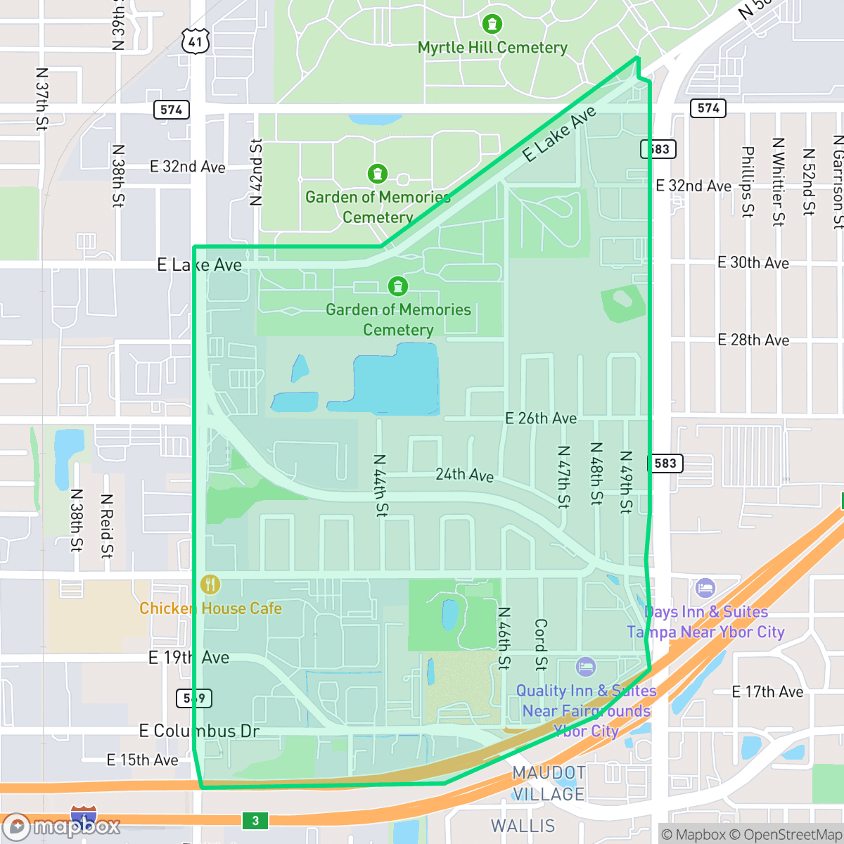 Map showing the location of Highland Pines, Tampa, FL