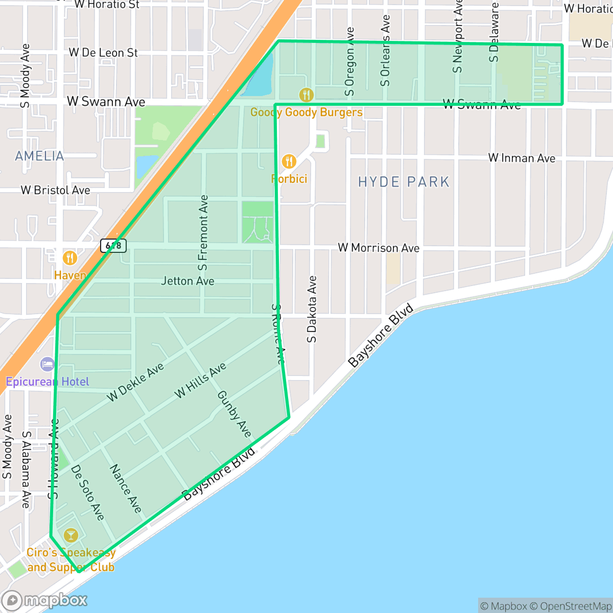 Map showing the location of Historic Hyde Park North Neighborhood, Tampa, FL