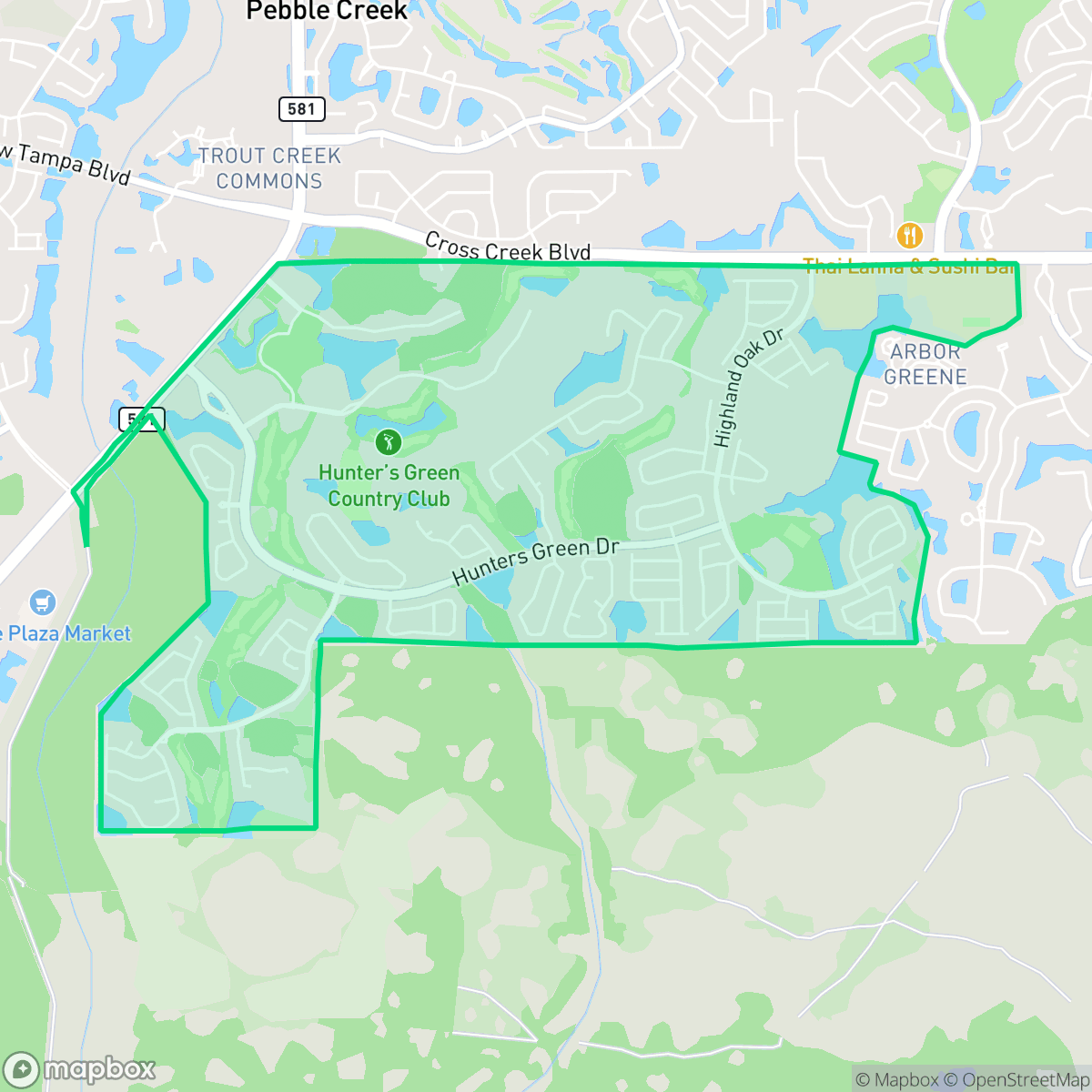 Map showing the location of Hunters Green, Tampa, FL