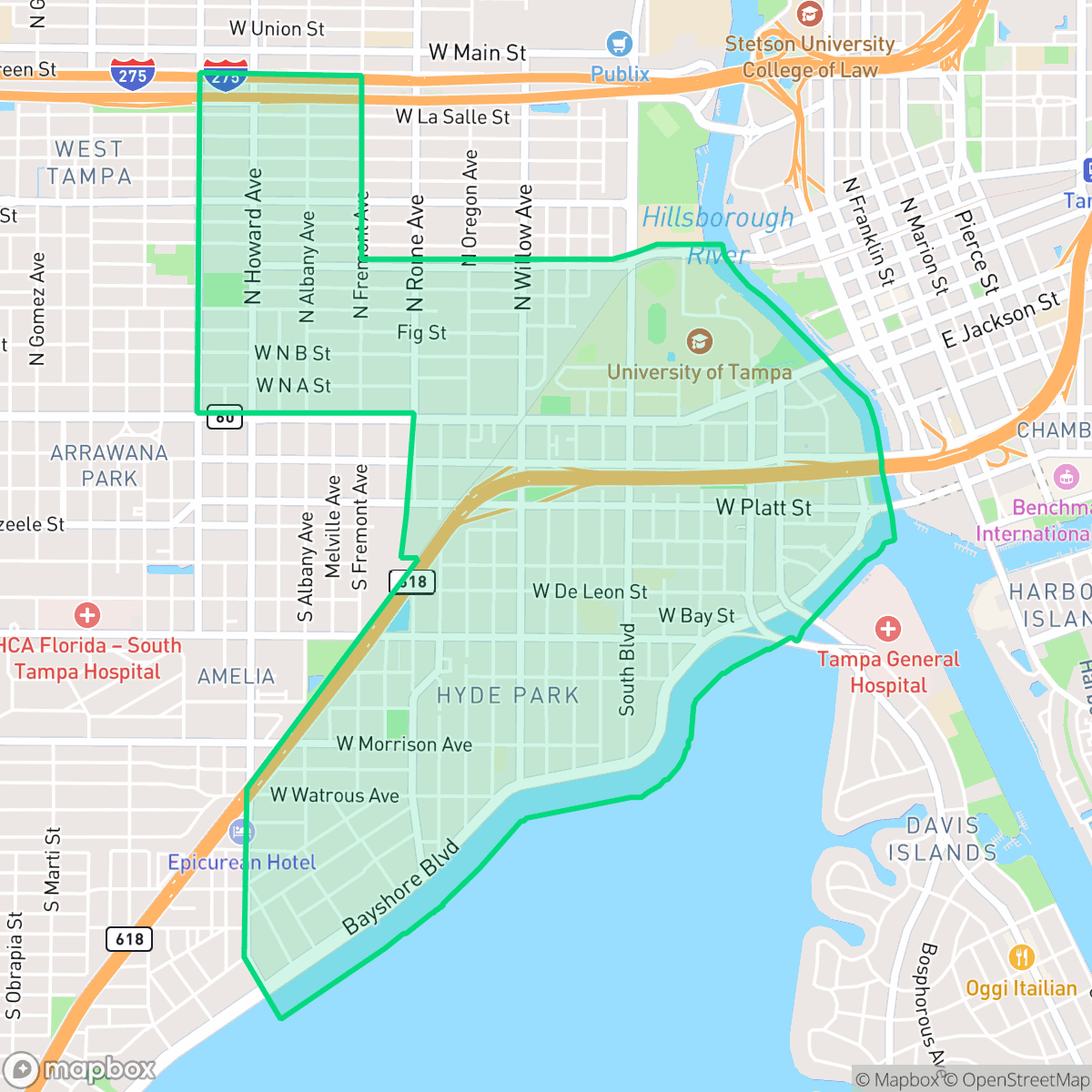 Map showing the location of North Hyde Park, Tampa, FL