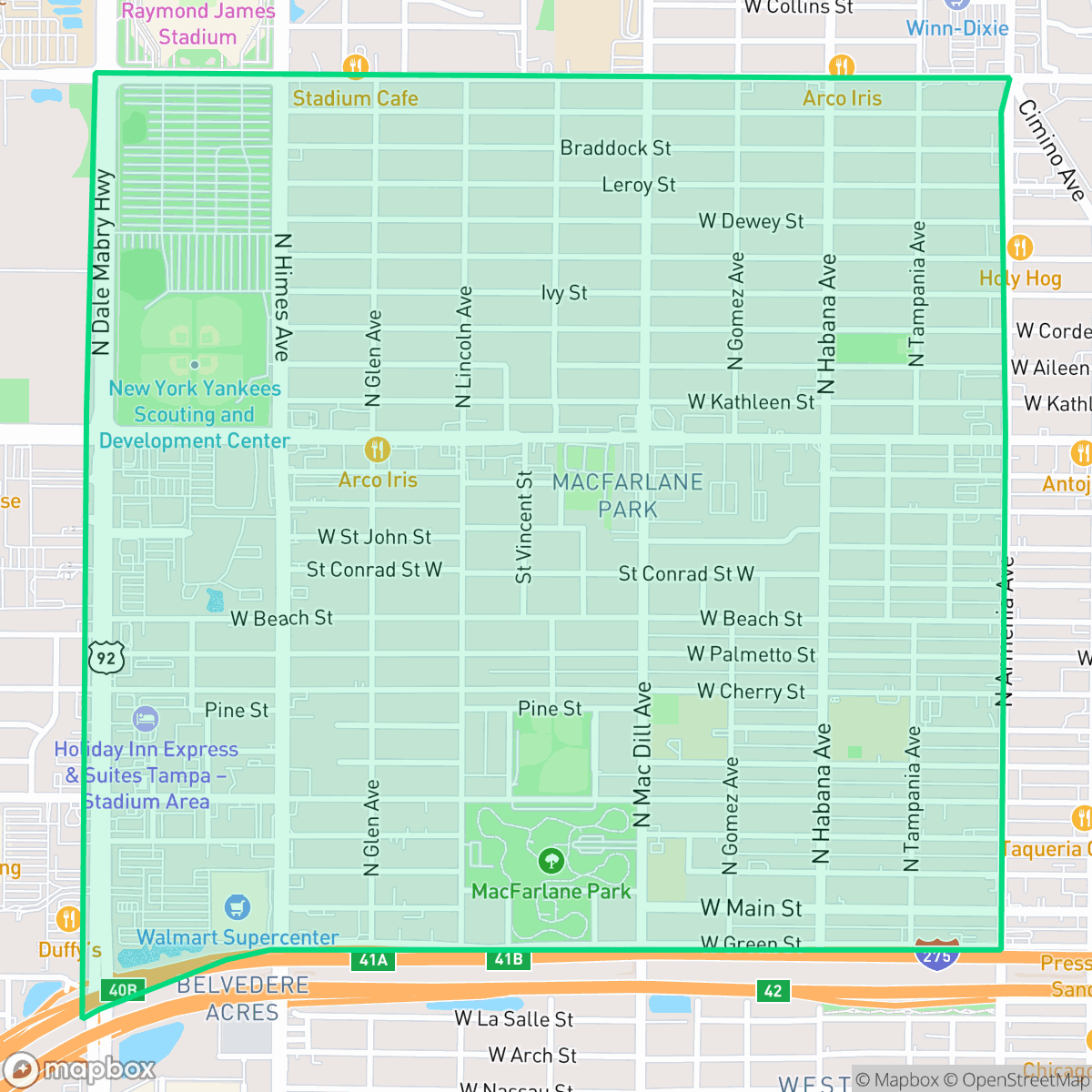 Map showing the location of Northeast Macfarlane, Tampa, FL