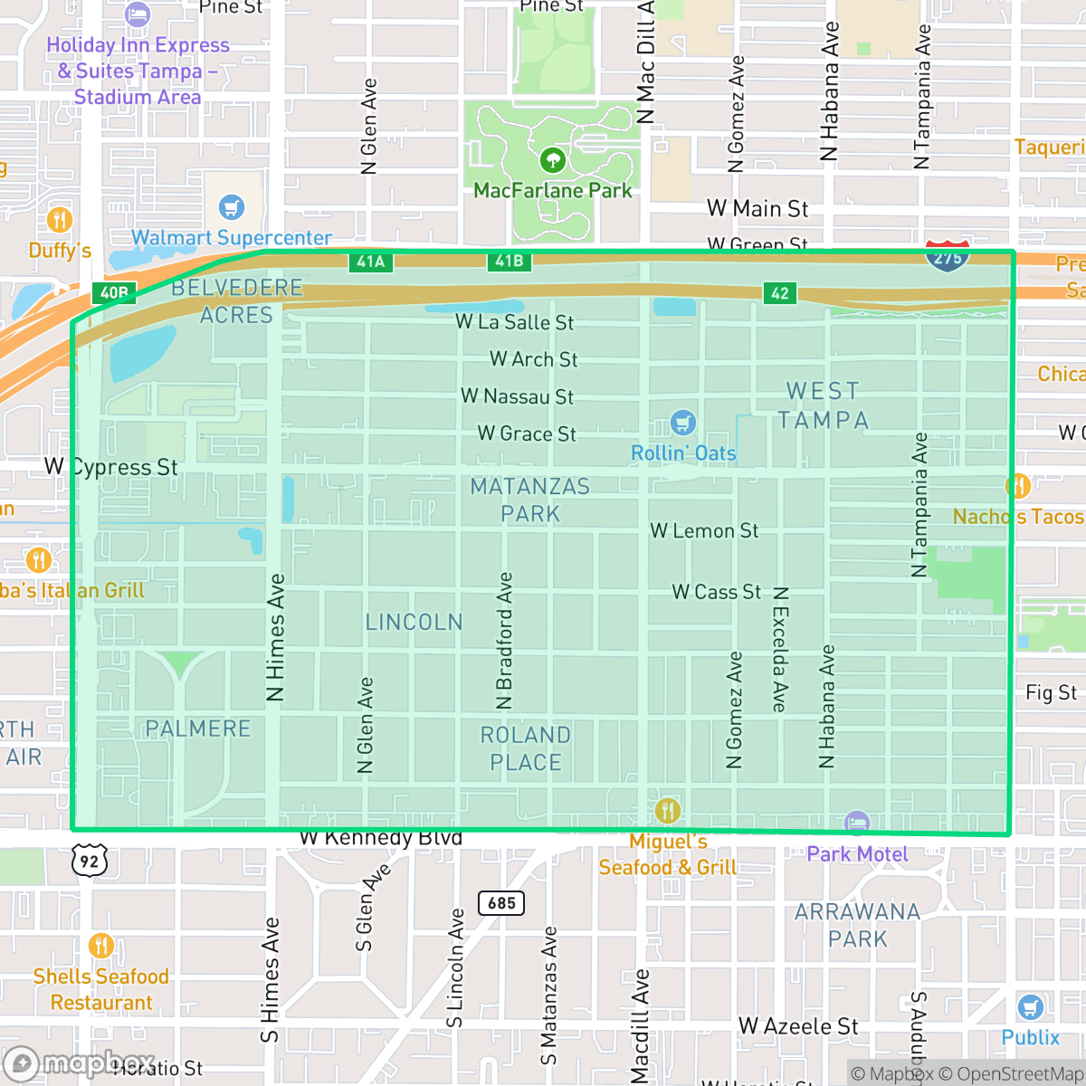 Map showing the location of Oakford Park, Tampa, FL