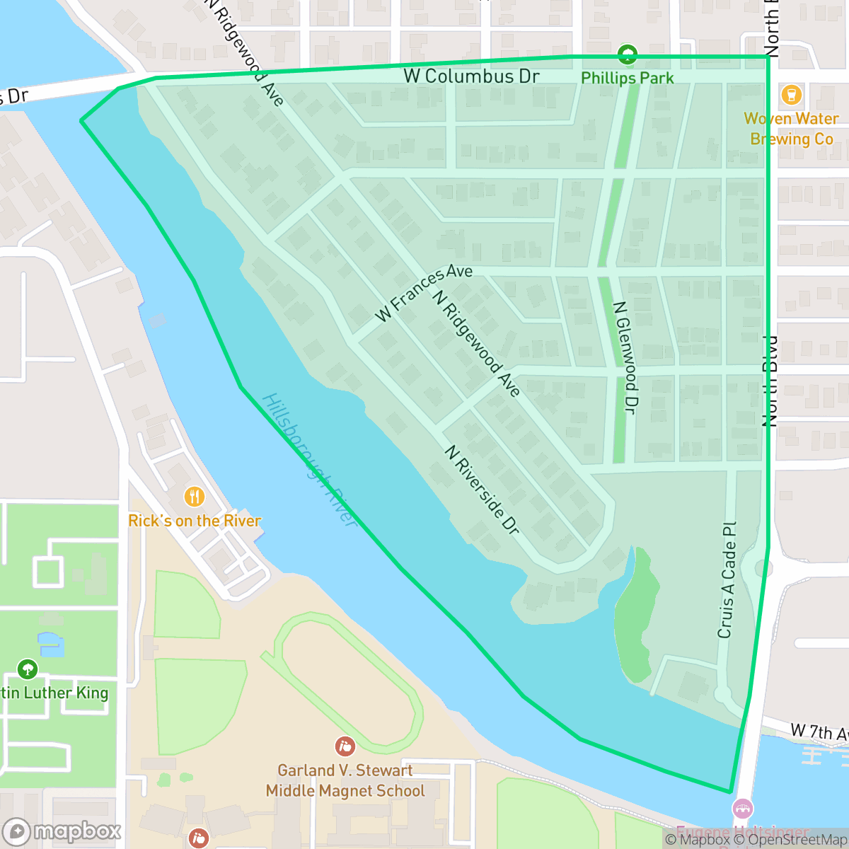 Map showing the location of Ridgewood Park, Tampa, FL