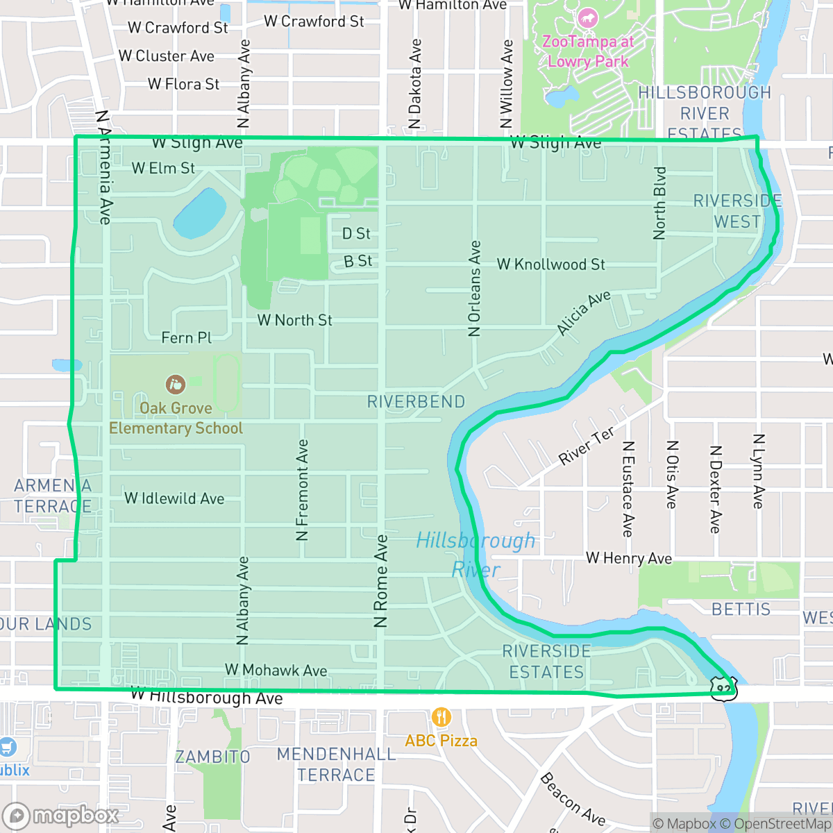 Map showing the location of Riverbend, Tampa, FL