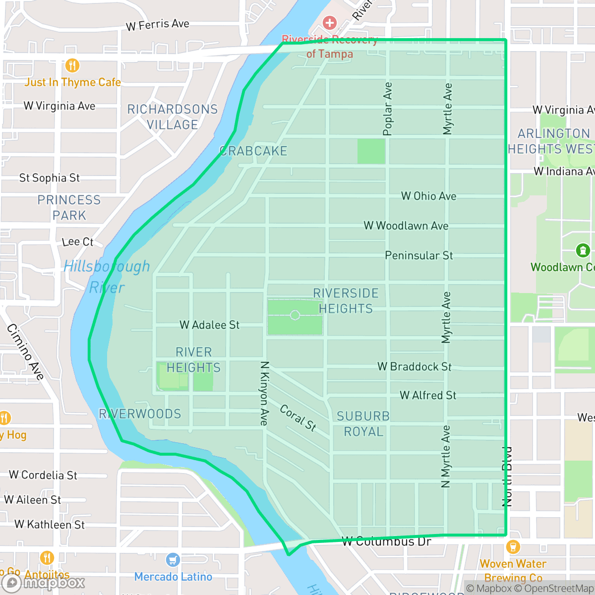 Map showing the location of Riverside Heights, Tampa, FL