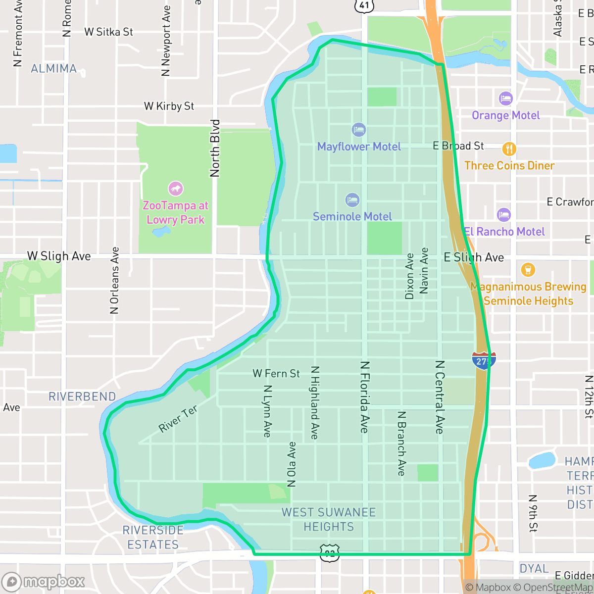 Map showing the location of Seminole Heights, Tampa, FL