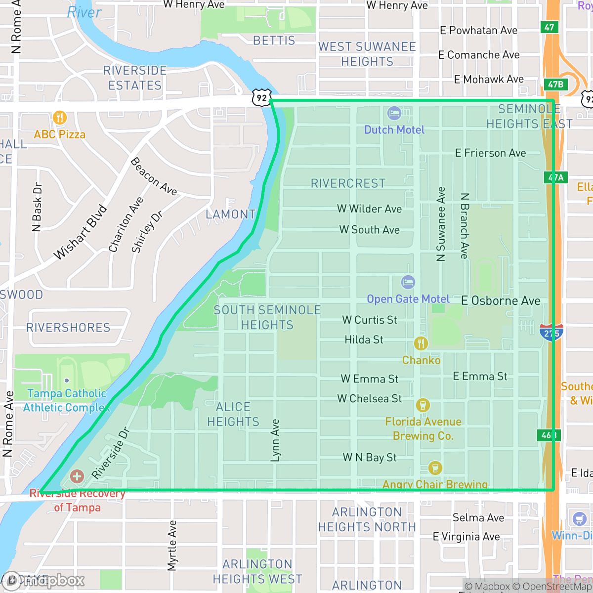Map showing the location of South Seminole Heights, Tampa, FL