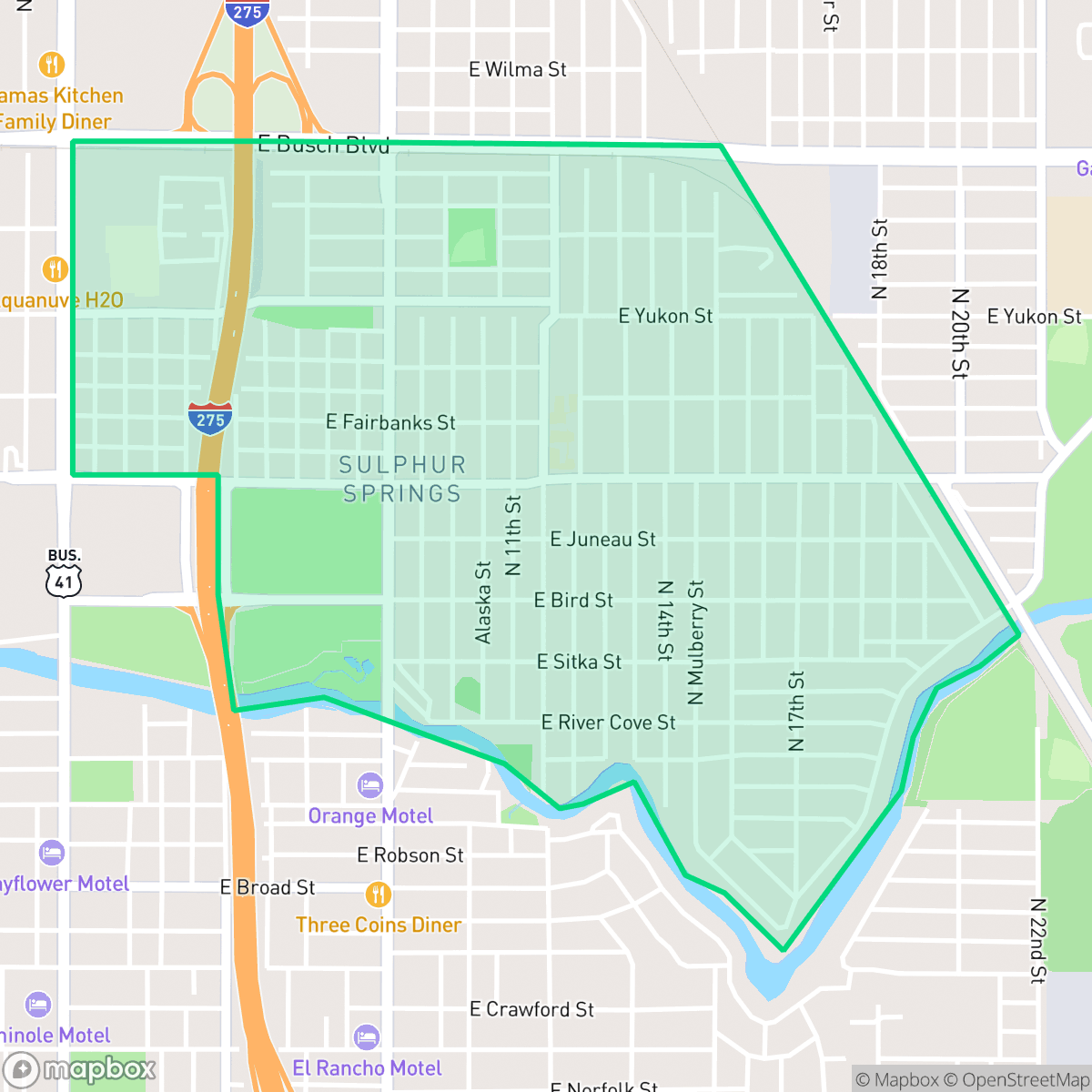 Map showing the location of Sulphur Springs, Tampa, FL