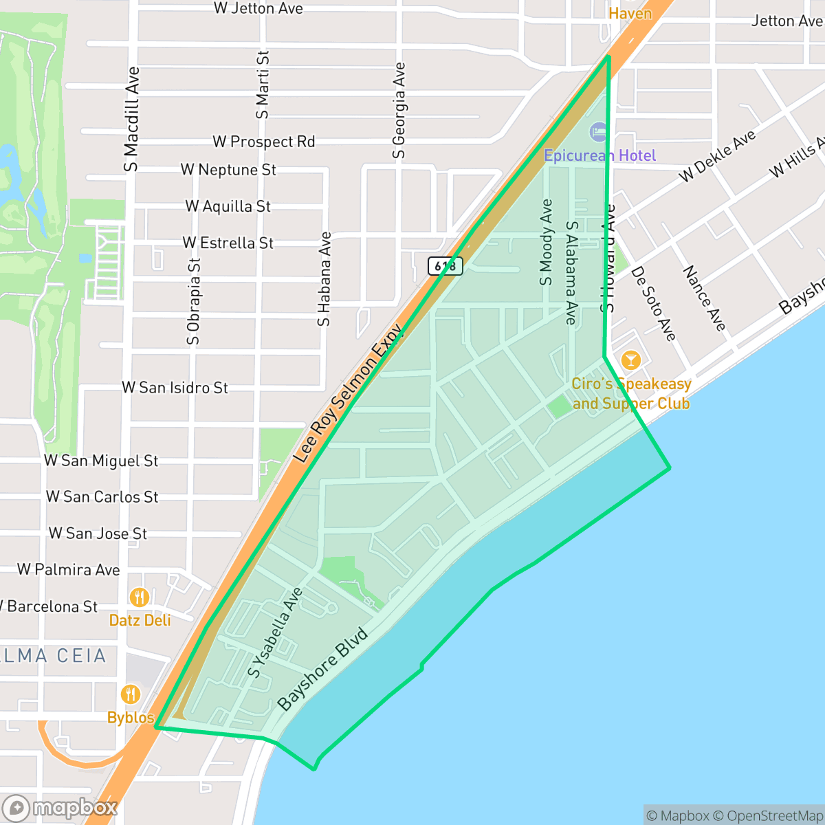 Map showing the location of Tampa-Bayshore Gardens, Tampa, FL