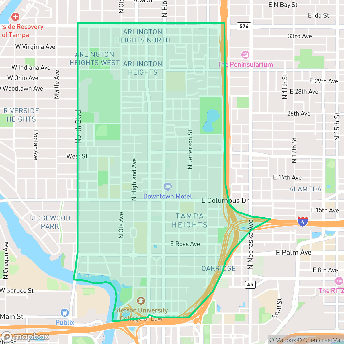 Map showing the location of Tampa Heights, Tampa, FL