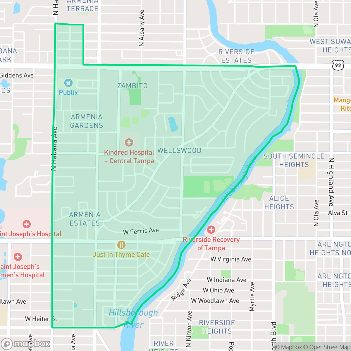 Map showing the location of Wellswood, Tampa, FL