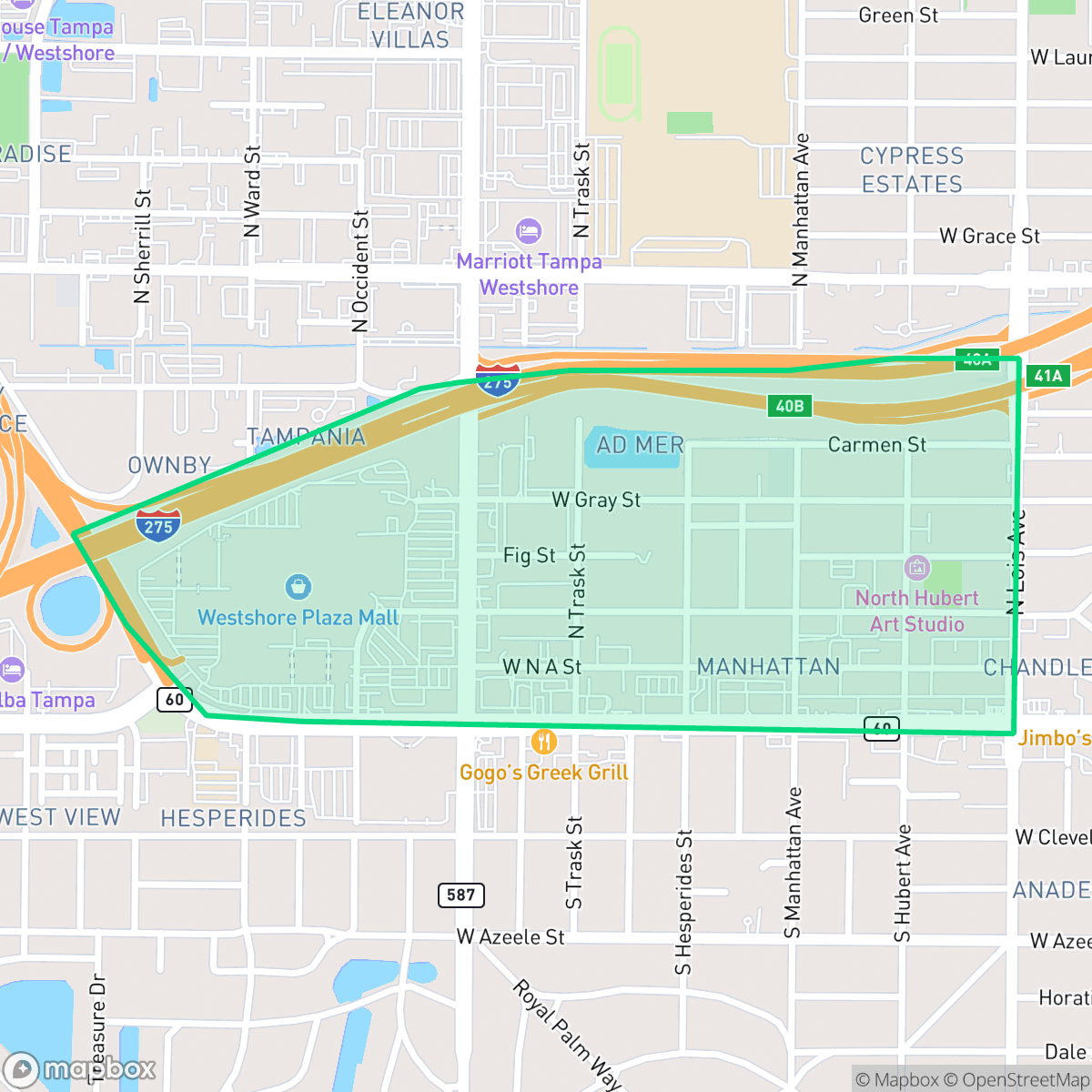 Map showing the location of West Shore Palms, Tampa, FL