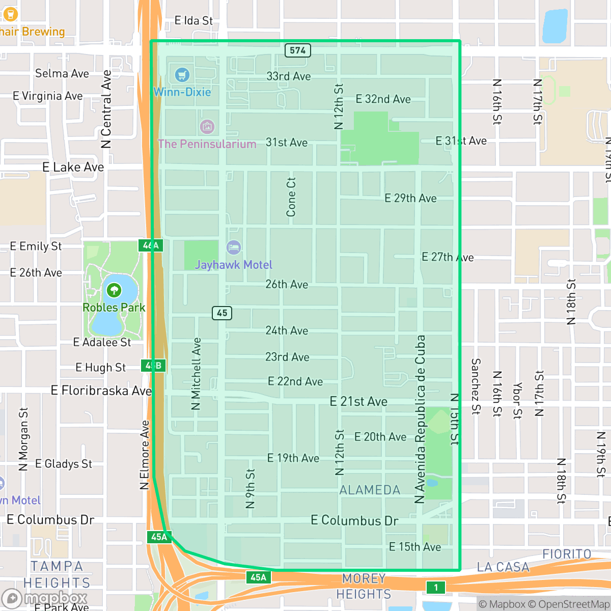 Map showing the location of Ybor City, Tampa, FL