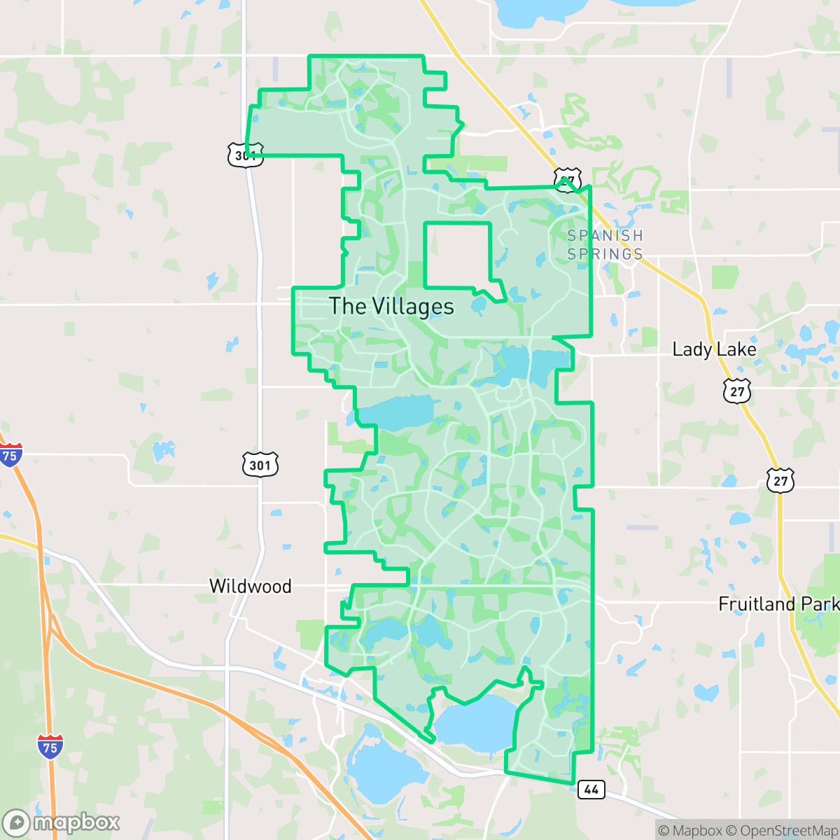 Map showing the location of The Villages, FL — coverage area