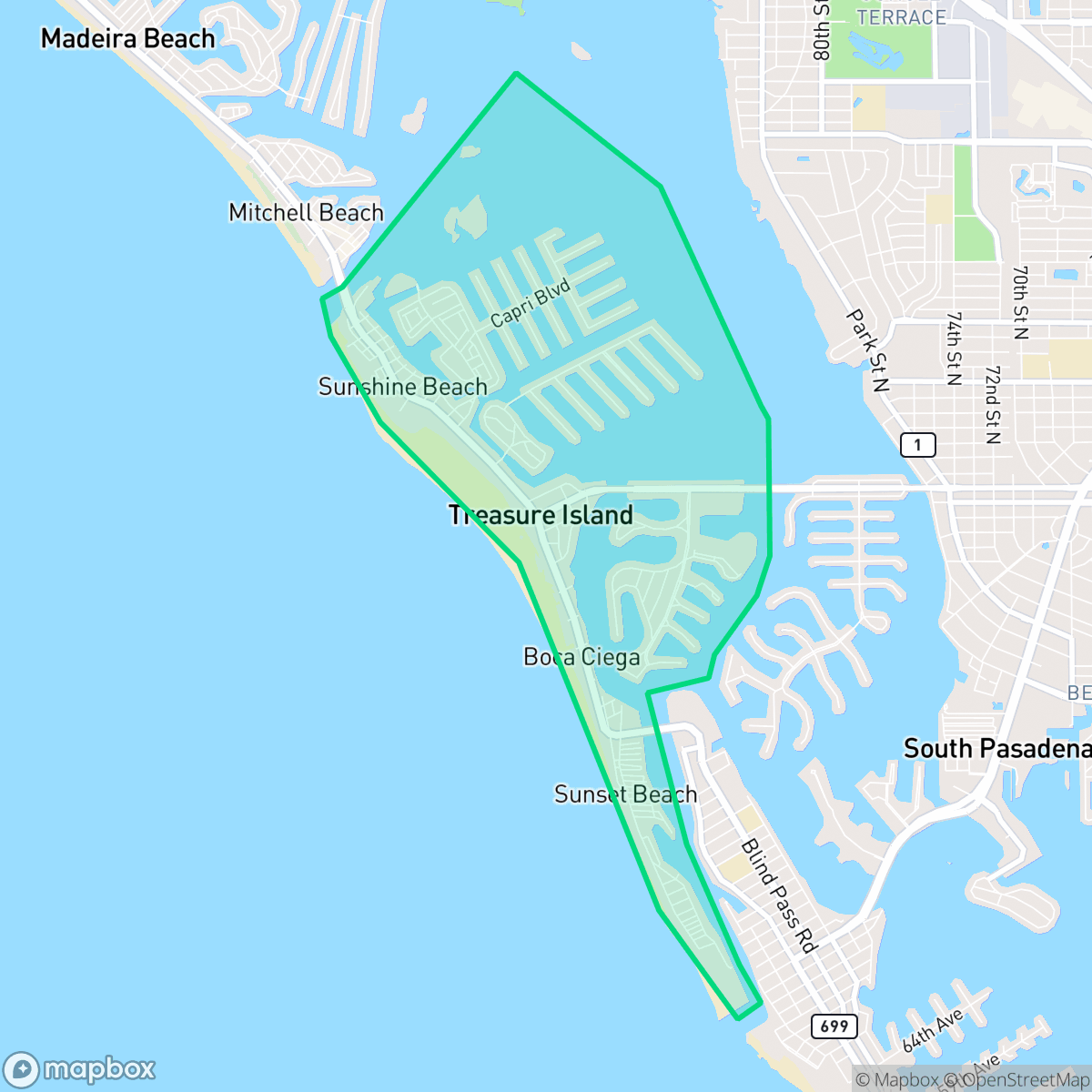 Map showing the location of Treasure Island, FL — coverage area