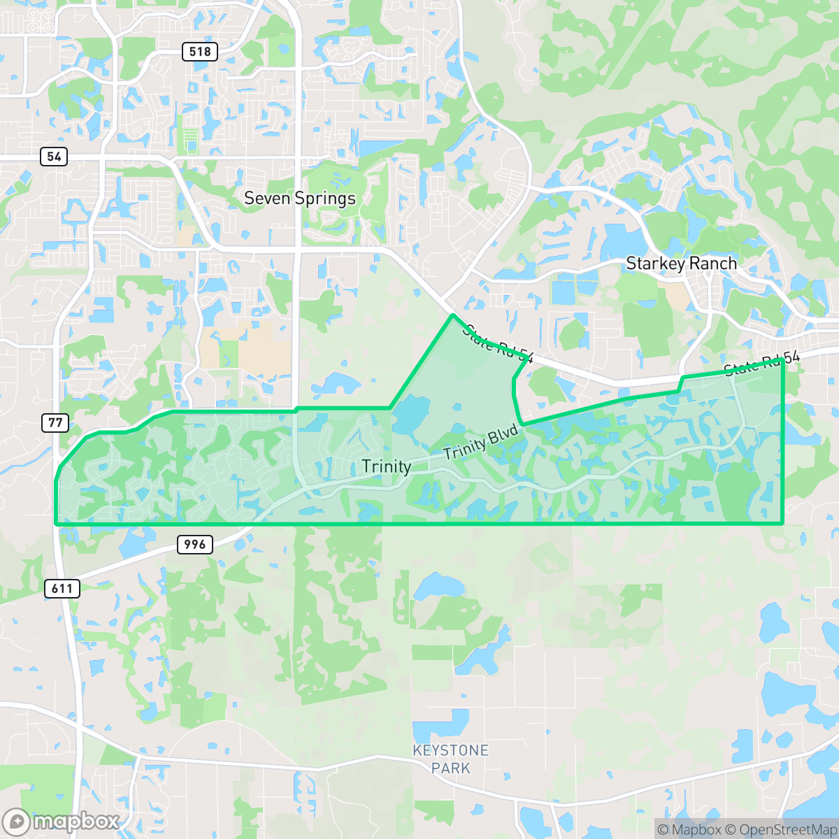 Map showing the location of Trinity, FL — coverage area