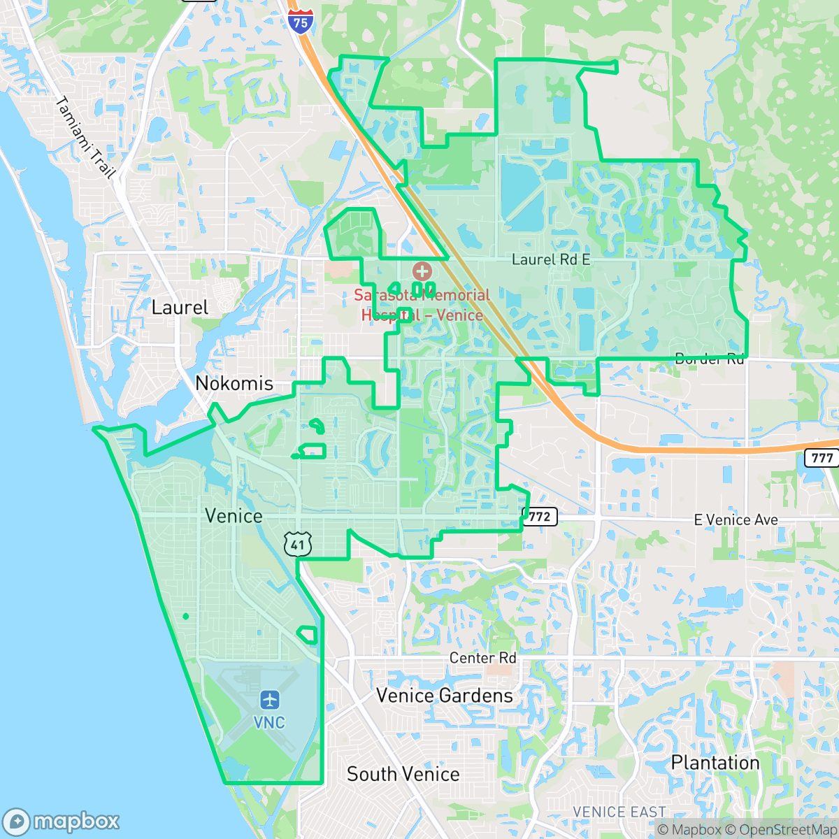 Map showing the location of Venice, FL — coverage area