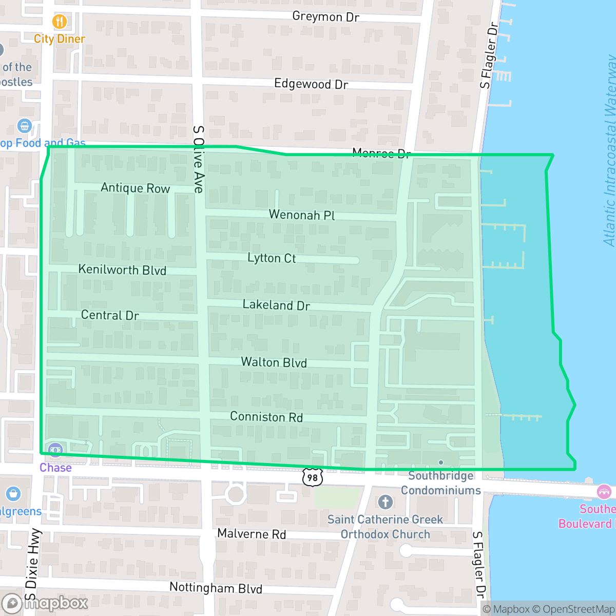 Map showing the location of Central Park, West Palm Beach, FL