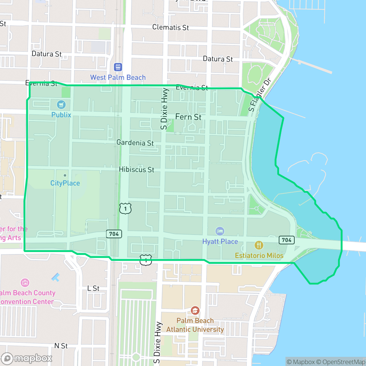Map showing the location of Downtown, West Palm Beach, FL