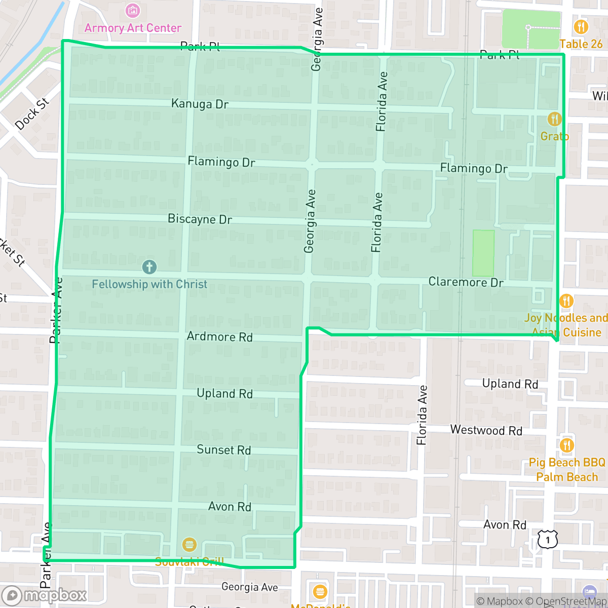 Map showing the location of Flamingo Park, West Palm Beach, FL