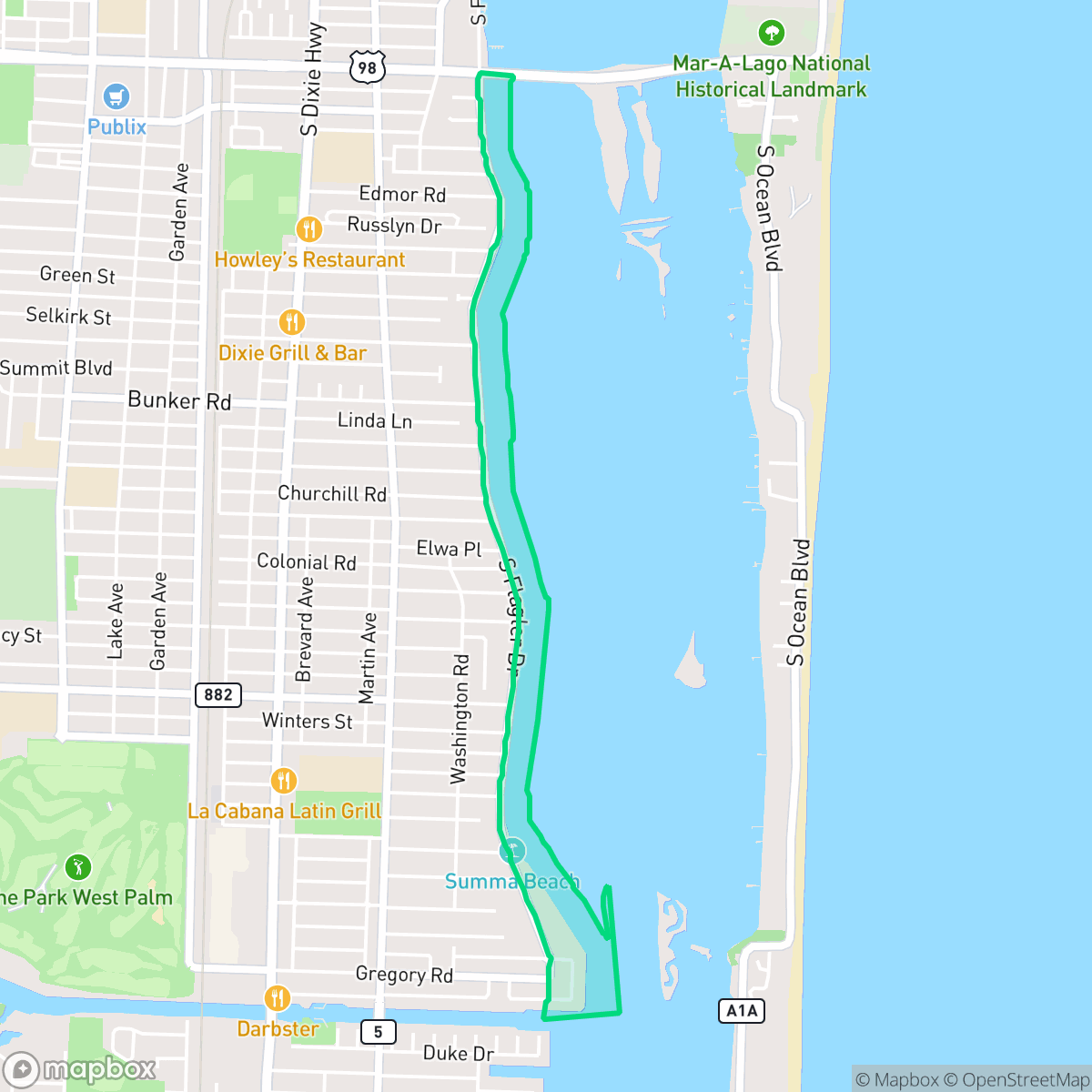 Map showing the location of South Flagler Drive, West Palm Beach, FL