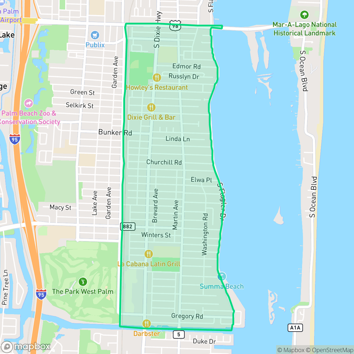 Map showing the location of South Side, West Palm Beach, FL