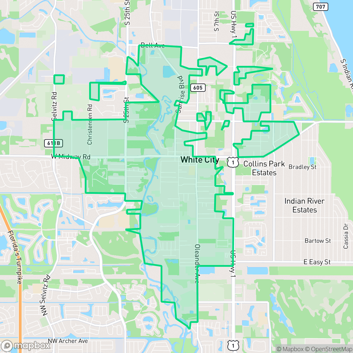 Map showing the location of White City, FL — coverage area
