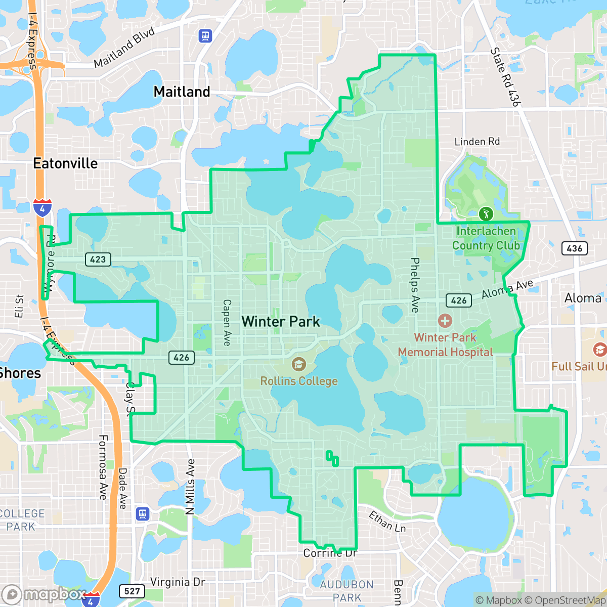 Map showing the location of Winter Park, FL — coverage area