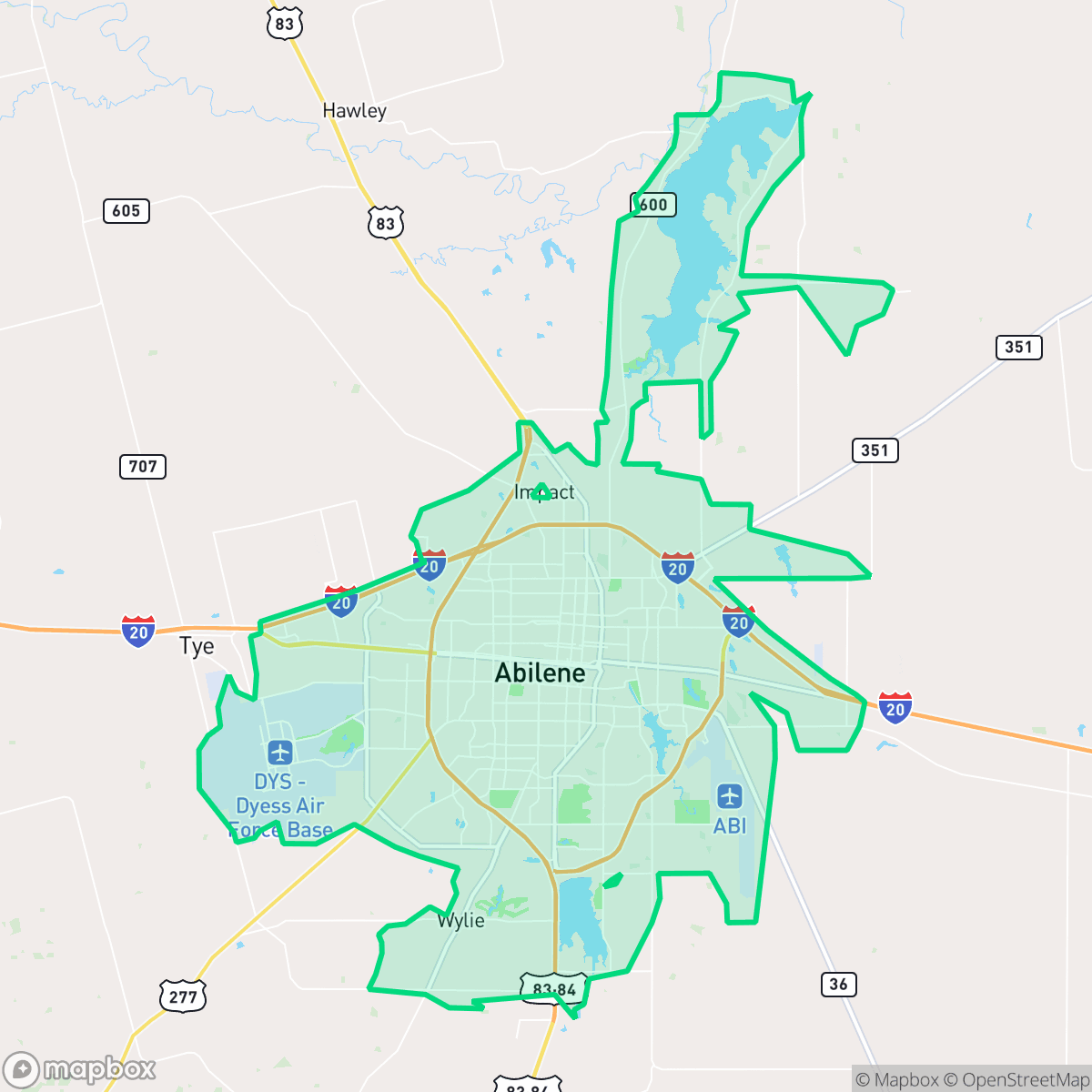 Map showing the location of Abilene, TX — coverage area