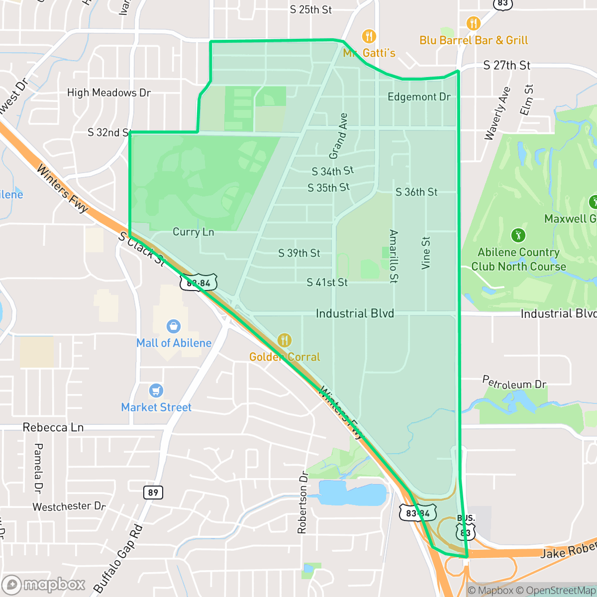 Map showing the location of Red Bud Park, Abilene, TX