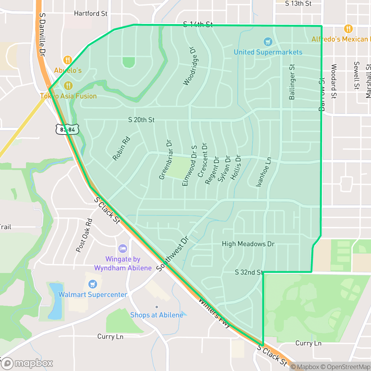 Map showing the location of River Oaks/Brookhollow, Abilene, TX