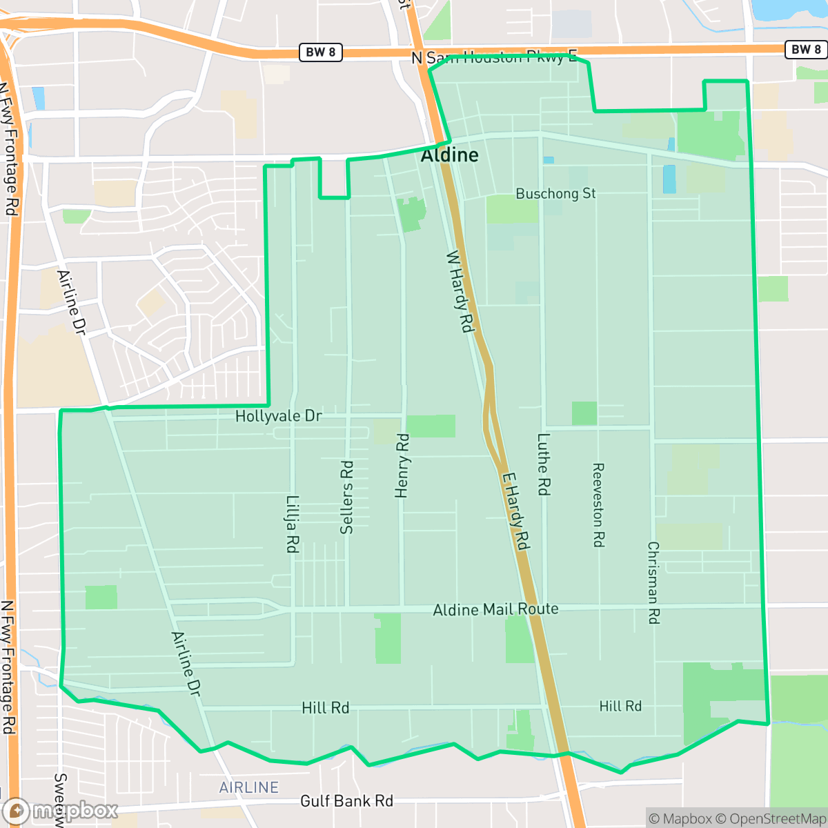 Map showing the location of Aldine, TX — coverage area