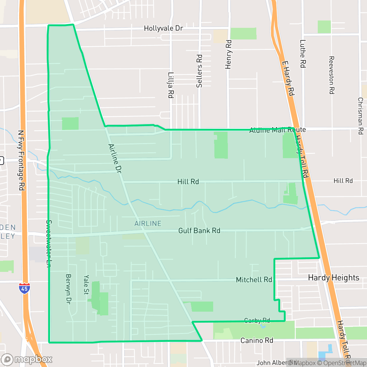 Map showing the location of Airline, Aldine, TX