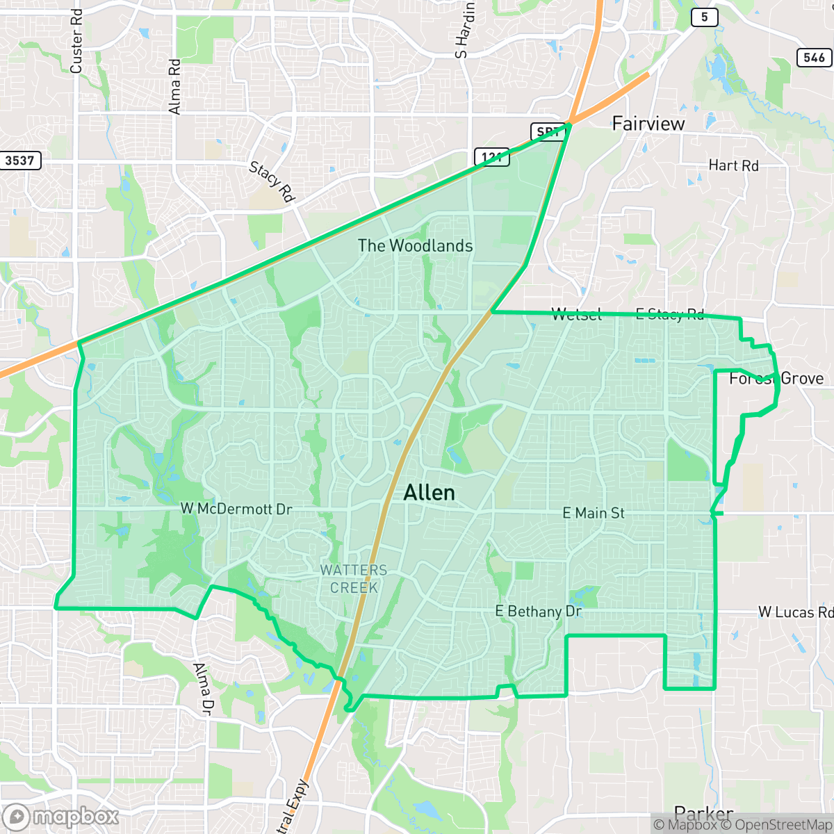 Map showing the location of Allen, TX — coverage area