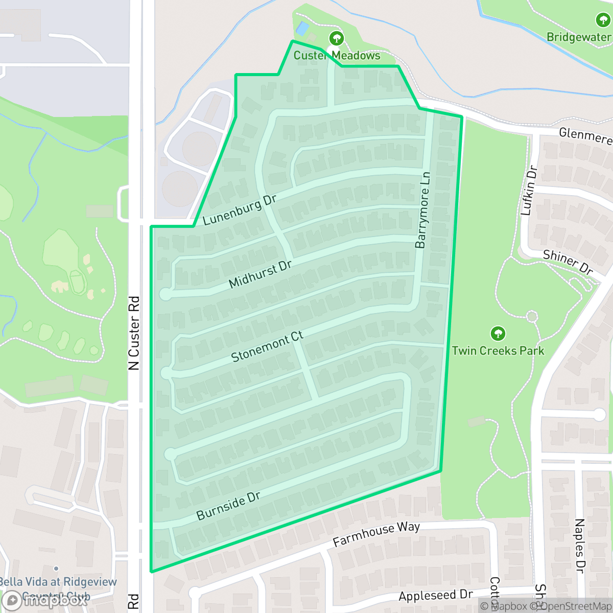 Map showing the location of Custer Meadows, Allen, TX
