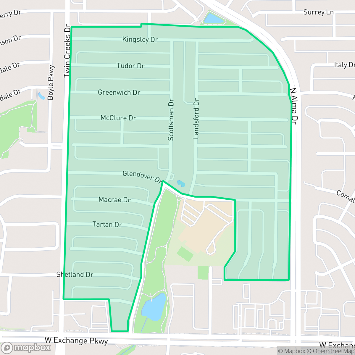 Map showing the location of Glendover Park, Allen, TX