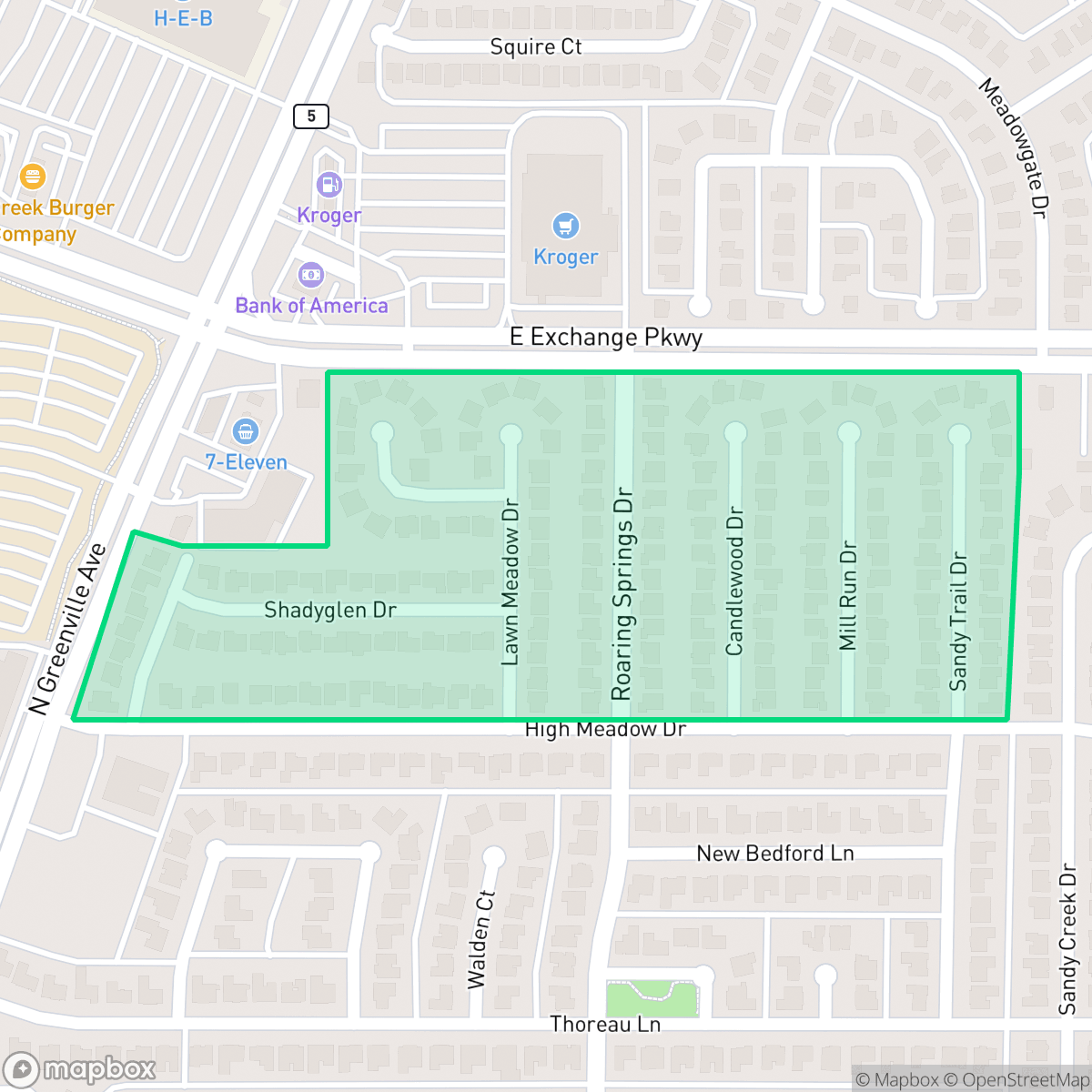 Map showing the location of High Meadows, Allen, TX