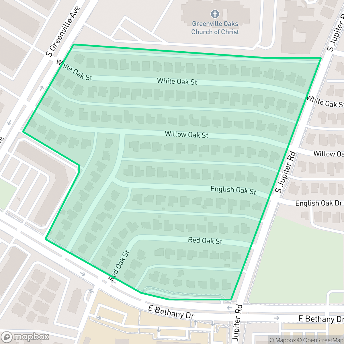 Map showing the location of Oak Hill, Allen, TX
