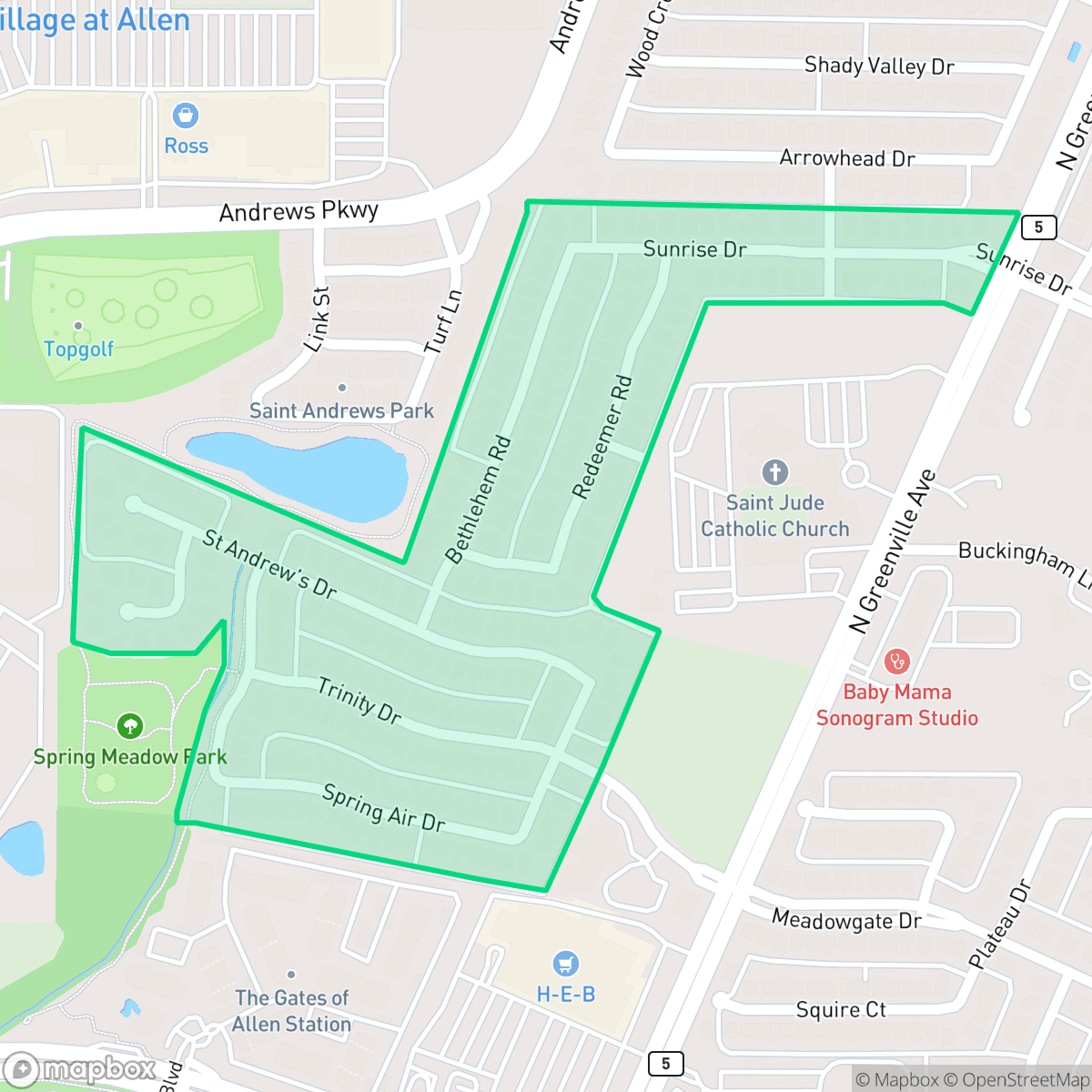 Map showing the location of Spring Meadow, Allen, TX