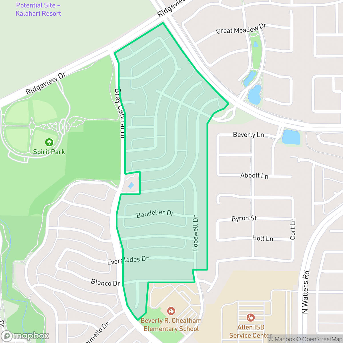 Map showing the location of Waterford Parks, Allen, TX